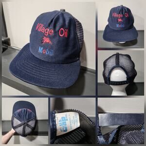 VTG 80s Village Oil‎ Mobil Gas Pegasus 1980s Snapback Mesh Trucker Hat Cap USA
